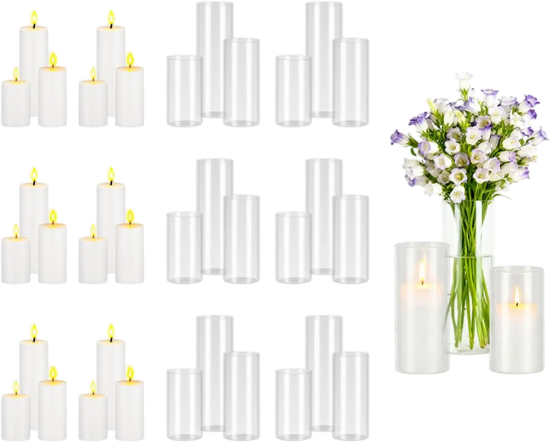 Vevor Glass Vase Set Pillar Candles and Clear Cylinder Hurricane Candle Holders 36-Pc New