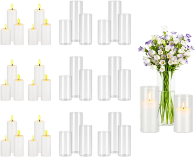 VEVOR Pillar Candles and Glass Vases Set 36 Pcs, Clear Cylinder Hurricane Candle Holders for Wedding Centerpieces, Tall Vase for Table Decor, Wedding Party, Thanksgiving,White (2.56