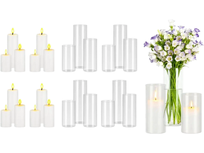VEVOR Pillar Candles and Glass Vases Set 24 Pcs, Clear Cylinder Hurricane Candle Holders for Wedding Centerpieces, Tall Vase for Table Decor, Wedding Party, Thanksgiving,White (2.56