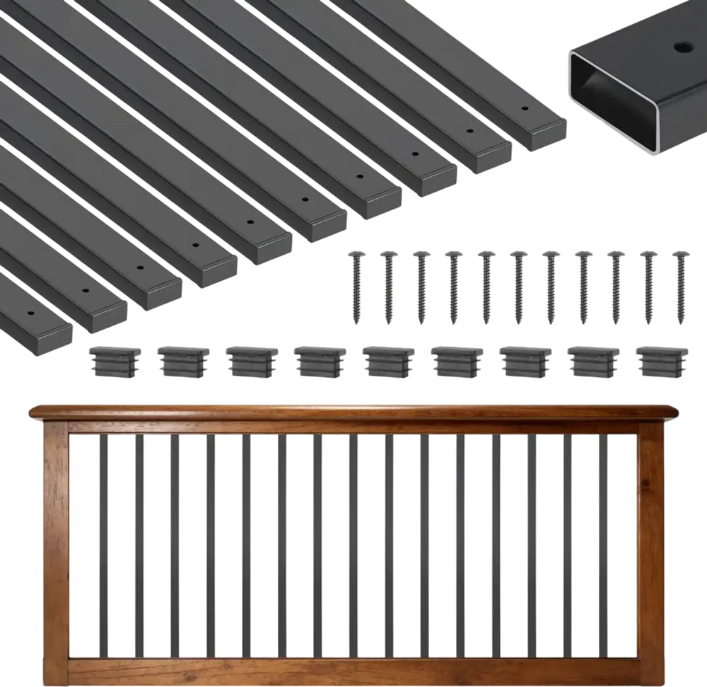 VEVOR 61 Pack Deck Balusters, 29.5 in Galvanized Steel Railing Spindles, Hollow Rectangle Metal Decking Stair Balusters with Pre-Drilled Hole, End Caps, Screws, for Deck, Porch & Stair Railing, Black