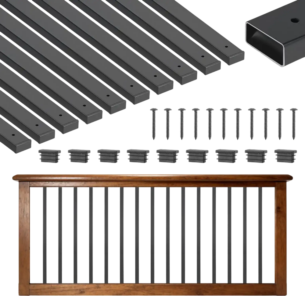 VEVOR 61 Pack Deck Balusters, 32.28 in Galvanized Steel Railing Spindles, Hollow Rectangle Metal Decking Stair Balusters with Pre-Drilled Hole, End Caps, Screws, for Deck, Porch & Stair Railing, Black
