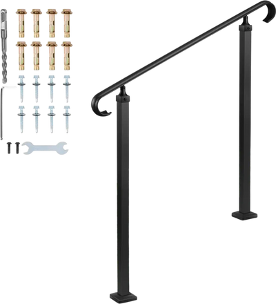 VEVOR Handrails for Outdoor Steps, 2-3 Step Adjustable Height, Carbon Steel Transitional Handrail with Installation Kit, Exterior Hand Railing for Steps, Concrete or Wooden Stairs, Porch, Matte Black