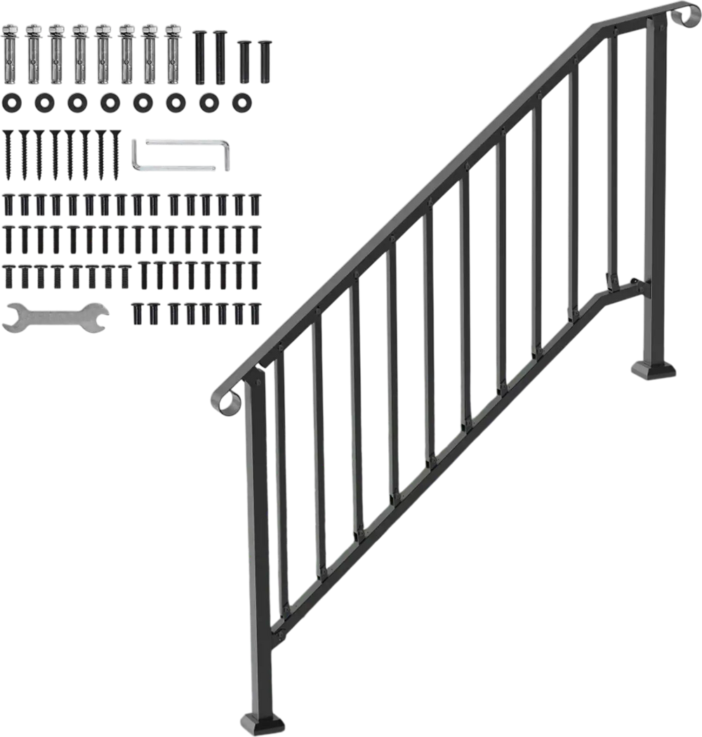 VEVOR Handrails for Outdoor Steps, 5 Step Stair Hand Rail Kit, Transitional Carbon Steel Railings with Installation Kit, Stair Rails for Seniors, Concrete Steps & Porch & Deck, Black Retro Arch