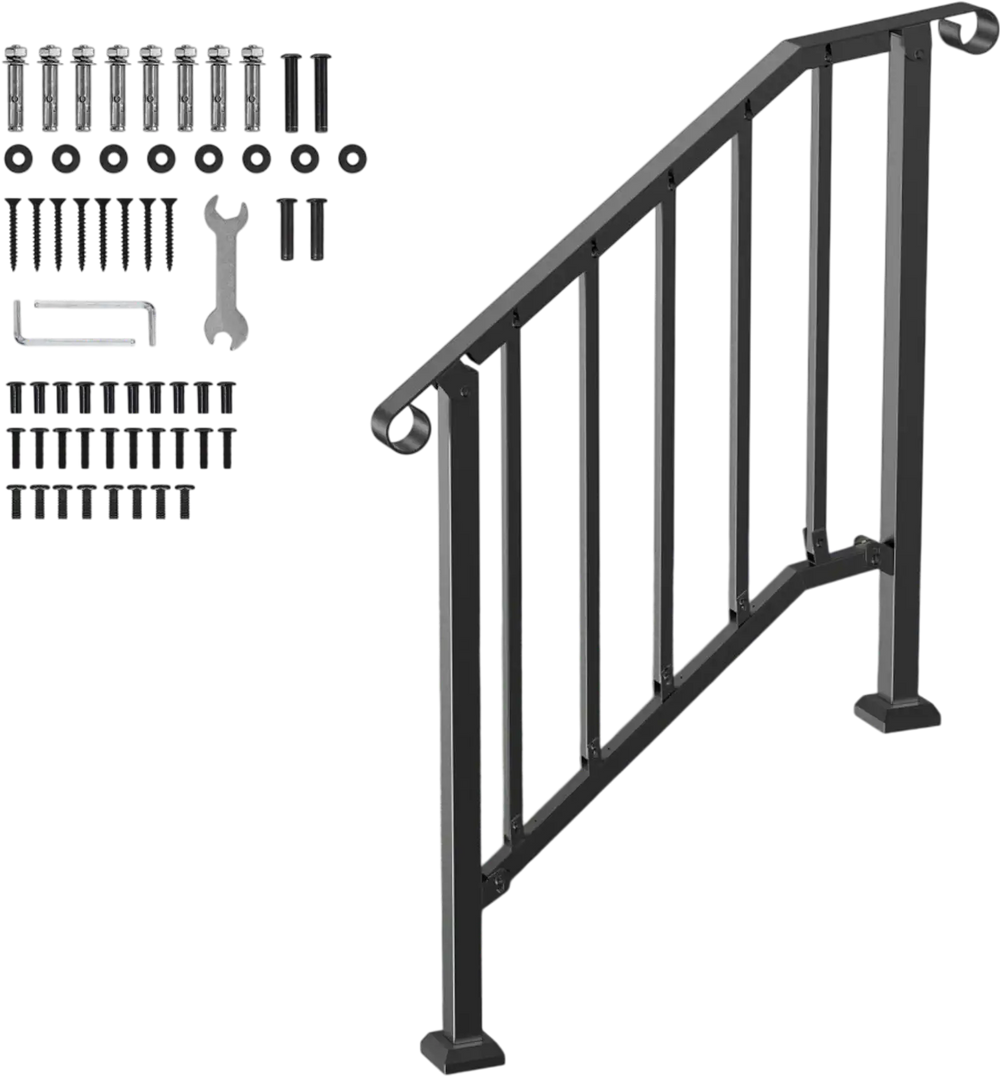 VEVOR Handrails for Outdoor Steps, 2-3 Step Stair Hand Rail Kit, Transitional Carbon Steel Railings with Installation Kit, Stair Rails for Seniors, Concrete Steps & Porch & Deck, Black Retro Arch