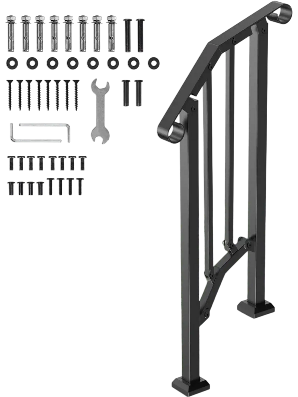 VEVOR Handrails for Outdoor Steps, 1-2 Step Stair Hand Rail Kit, Transitional Carbon Steel Railings with Installation Kit, Stair Rails for Seniors, Concrete Steps & Porch & Deck, Black Retro Arch