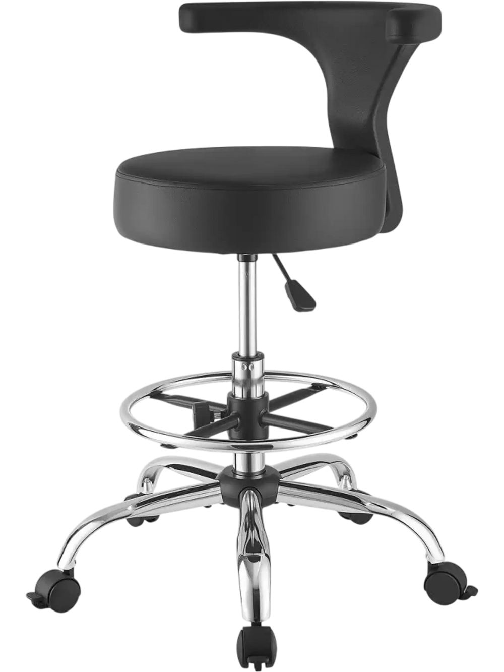 VEVOR Rolling Stool with Back Support, 500 lbs Weight Capacity, Height Adjustable, Thick Cushion Ergonomic PU Leather Seat, 360° Swivel Round Rolling Stool Chair for Dental, Salon, Clinic, Black