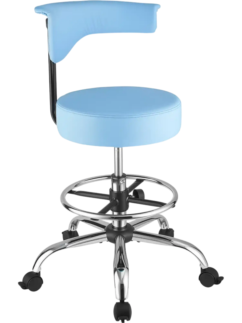 VEVOR Rolling Stool with Back Support, 500 lbs Weight Capacity, Height Adjustable, Thick Cushion Ergonomic PU Leather Seat, 360° Swivel Round Rolling Stool Chair for Dental, Salon, Clinic, Blue