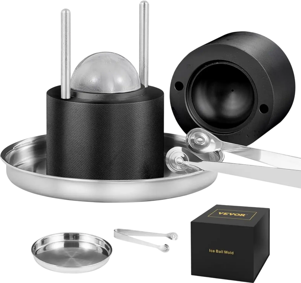 VEVOR Ice Ball Press, 2.4" Ice Ball Maker, Aircraft Al Alloy Ice Ball Press Kit for 60mm Ice Sphere, Ice Press with Tong and Drip Tray, for Whiskey, Cocktail, Bourbon, Scot on Party & Holiday, Black