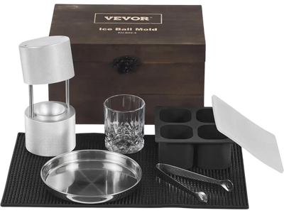 VEVOR Ice Ball Press Kit, Aircraft Al Alloy Ice Press with Ice Block Mold, Large Mat, Tong, Drip Tray, One Glass, Round Ice Ball Maker 2.4