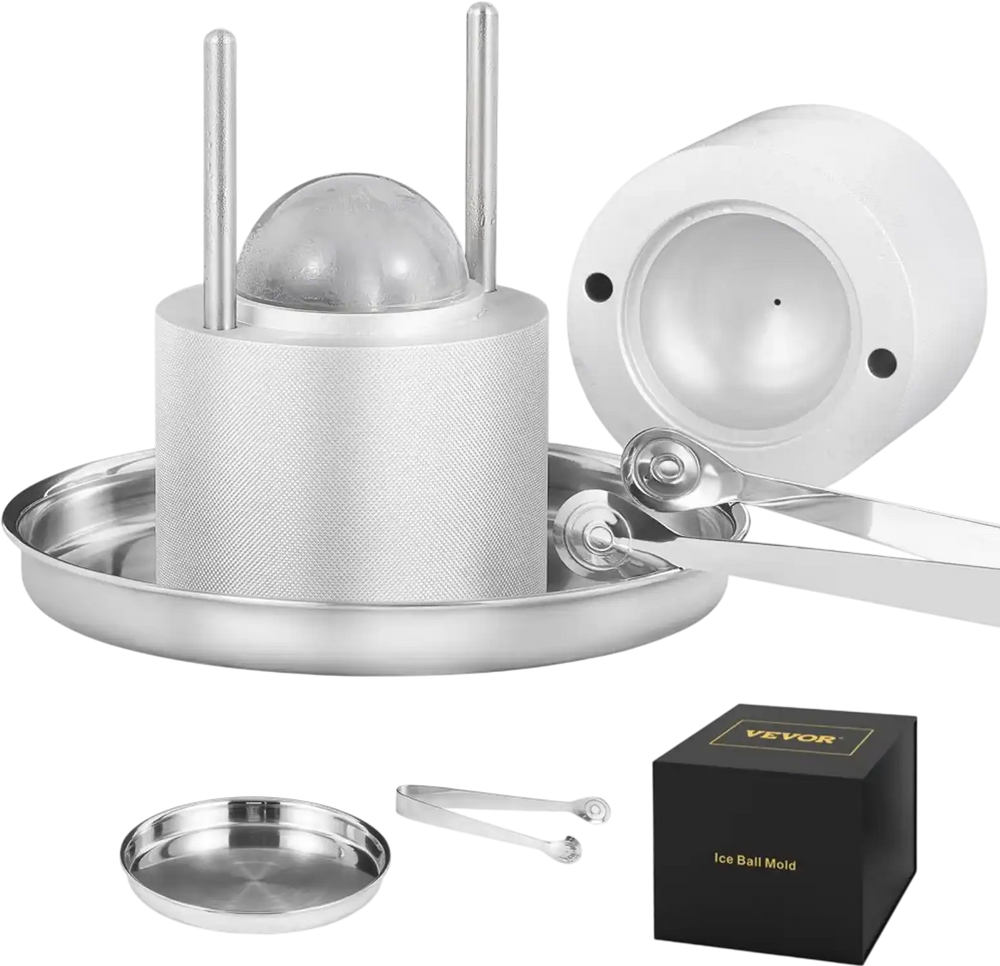 VEVOR Ice Ball Press, 2.4" Ice Ball Maker, Aircraft Al Alloy Ice Ball Press Kit for 60mm Ice Sphere, Ice Press with Tong and Drip Tray, for Whiskey, Cocktail, Bourbon, Scot on Party & Holiday, Silver