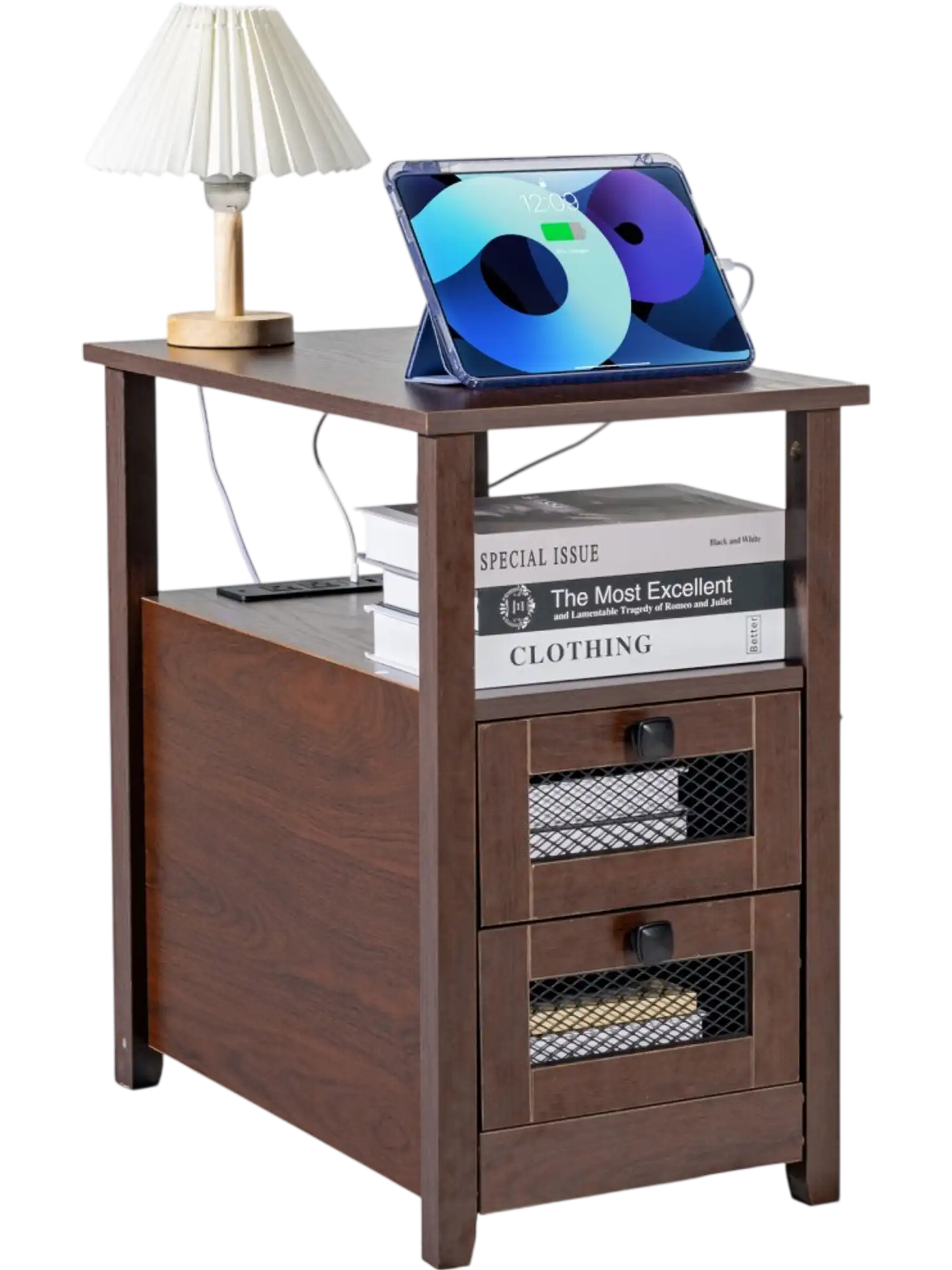 Vevor End Table Farmhouse Nightstand with Charging Station Brown New