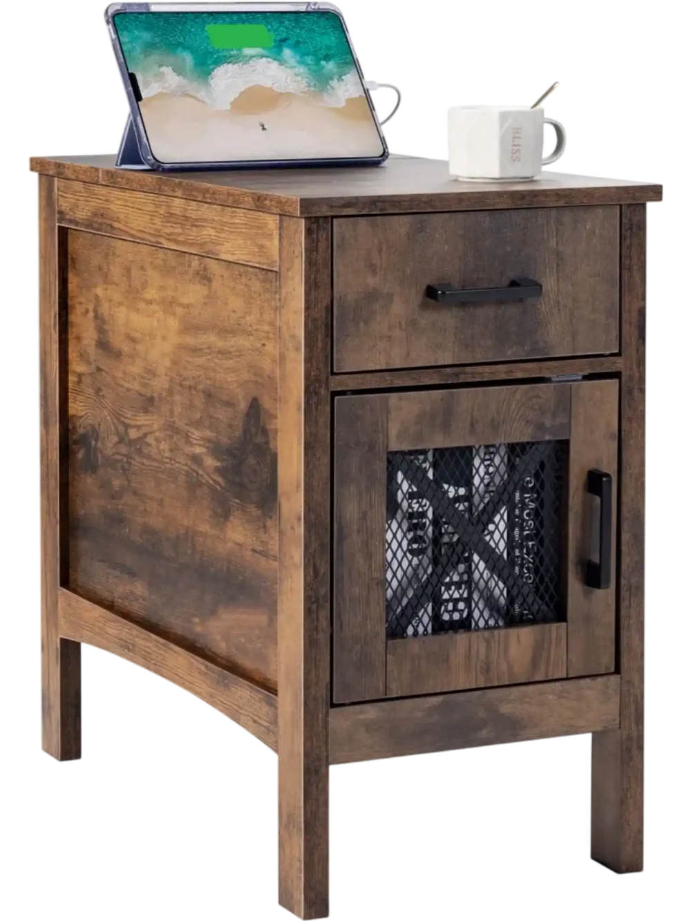 VEVOR Farmhouse End Table, Nightstand with Charging Station, 3 Tiers End Table with Storage Cabinet and 1 Drawer, Side Table with USB Ports and Outlets, Ideal for Living Room, Bedroom, Burlywood