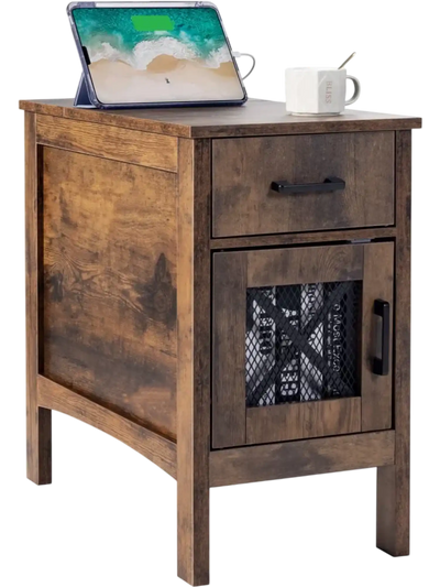 Vevor End Table Farmhouse Nightstand with Charging Station and 3-Tier Storage Cabinet New