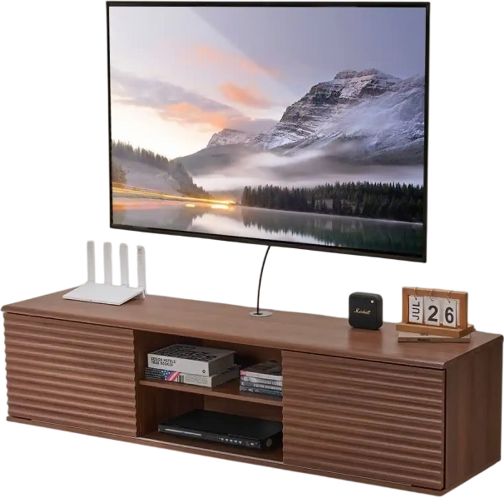 VEVOR Floating TV Stand, 60" Wall Mount Entertainment Center with Adjustable Shelf & Sliding Doors, 2 Tiers Floating TV Shelf with Storage Cabinet for DVD Player, Cable Box, Game Console, Walnut