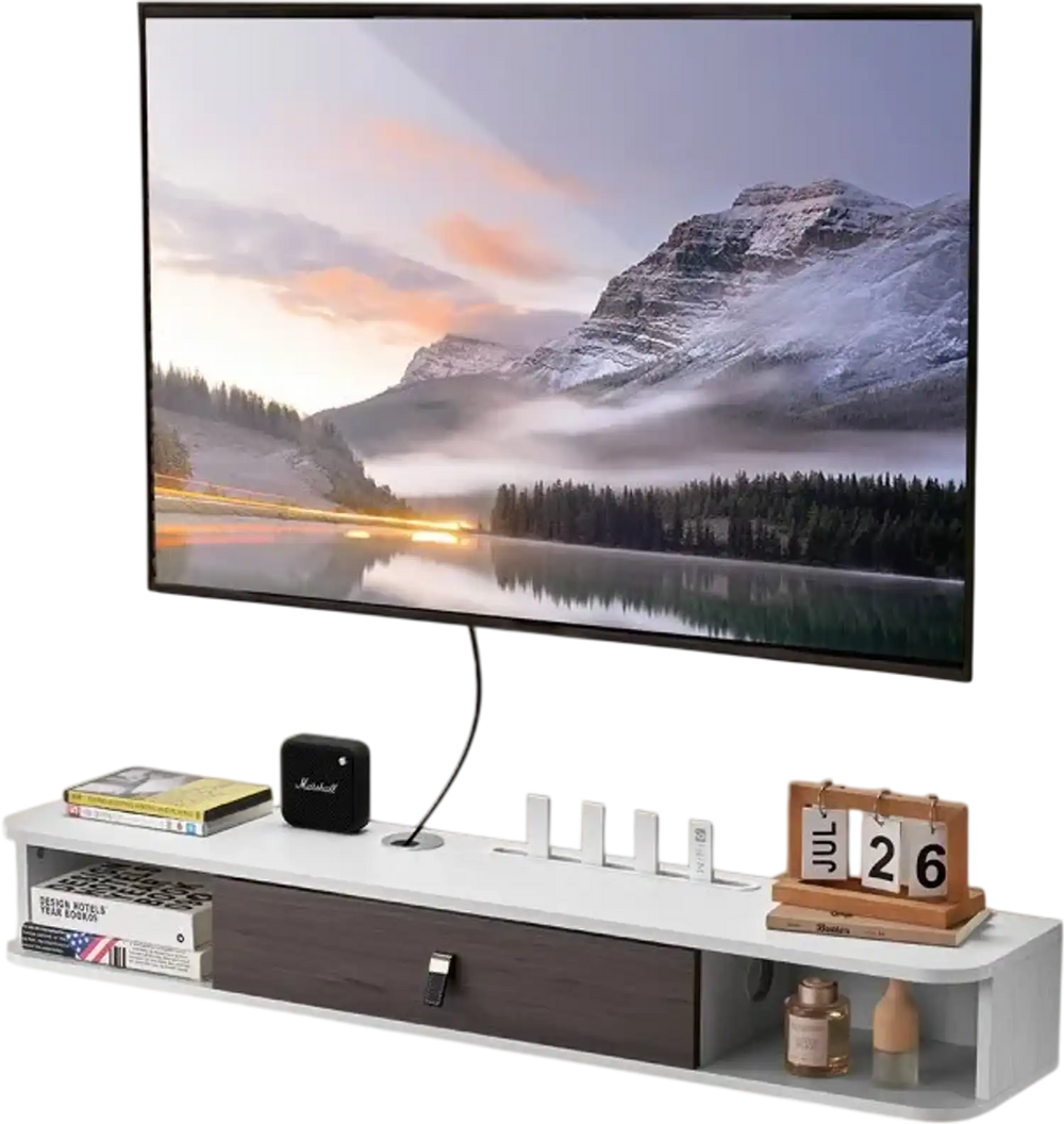 VEVOR Floating TV Stand, 47 in Wall Mount Entertainment Center with Cable Hole, Modern Floating TV Shelf with Storage Cabinet, Particle Board Console for DVD Player, Cable Box, Game Console, White