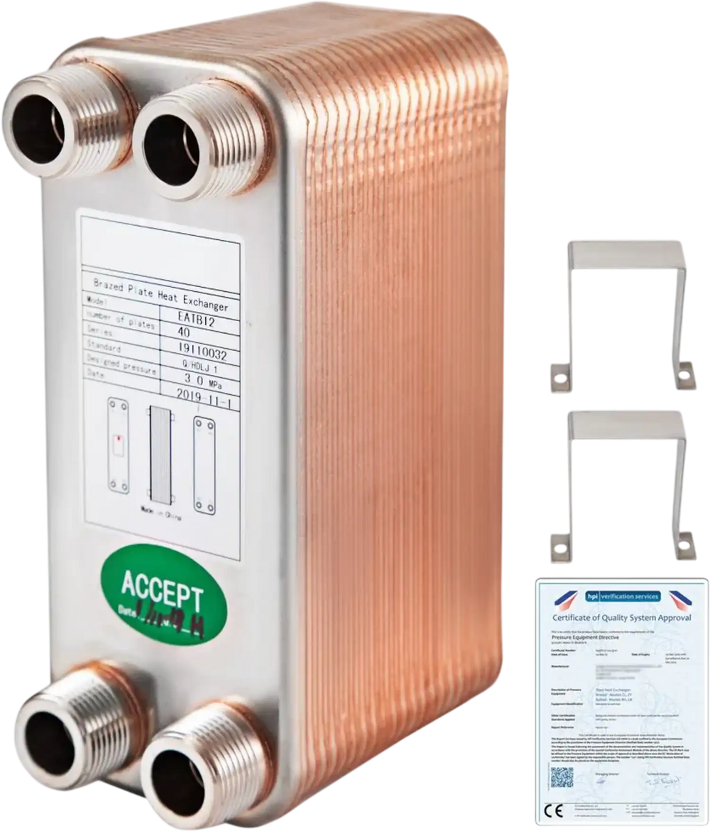 VEVOR Heat Exchanger 3\"x7.5\" 40 Plates Brazed Plate Heat Exchanger 316L 3/4\" MPT Heat Exchanger B3-12A Beer Wort Chiller for Hydronic Heating