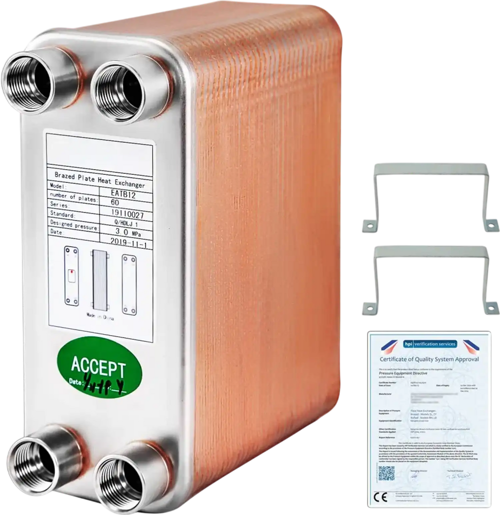 VEVOR Heat Exchanger 3\"x7.5\" 60 Plates Brazed Plate Heat Exchanger 316L 1/2\" BSP FPT Heat Exchanger EATB12 Beer Wort Chiller for Hydronic Heating