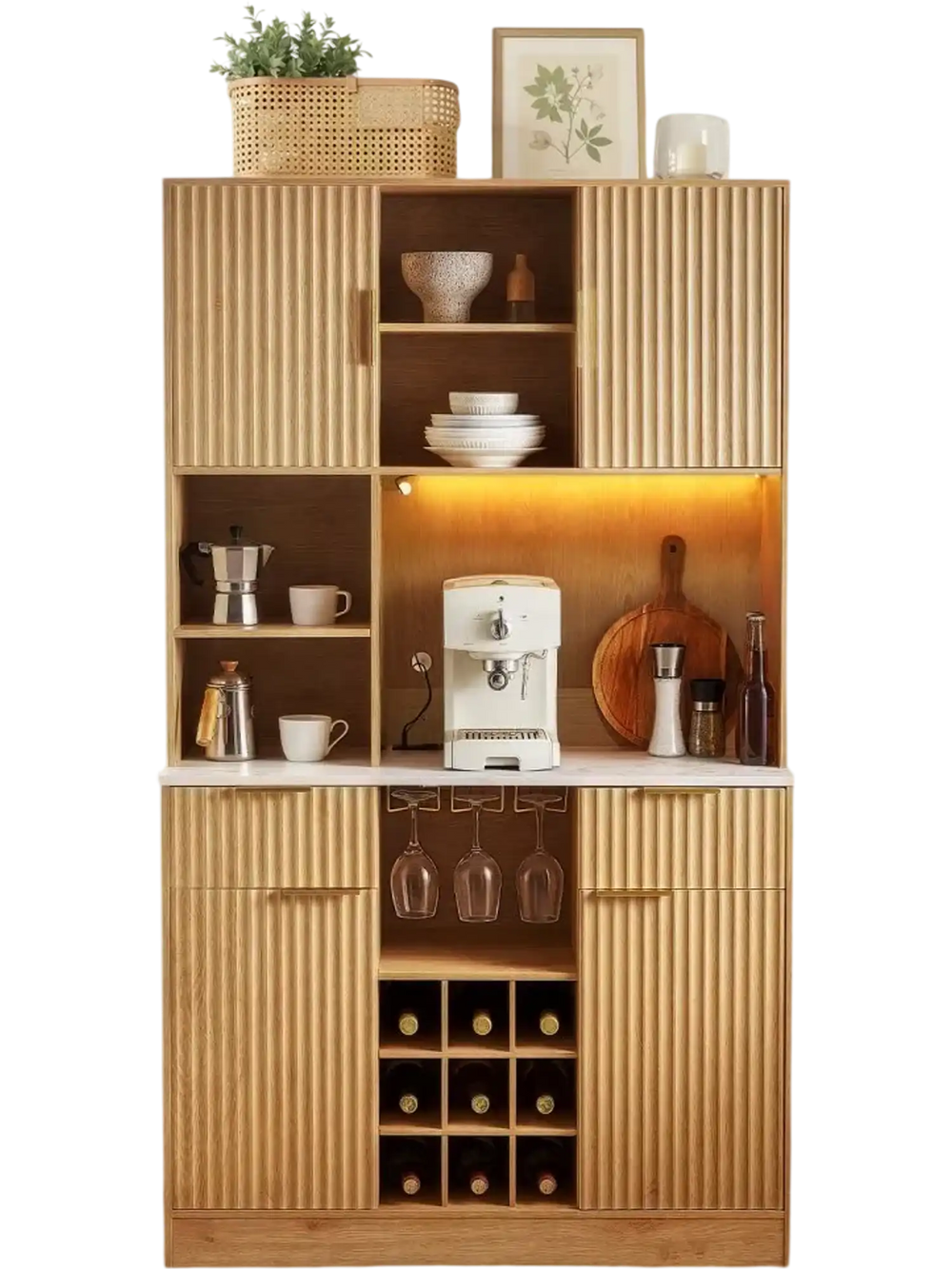 VEVOR Wine Cabinet, Coffee Bar Cabinet with 9 Wine Bottle Racks, Modern Buffet Sideboard with Glass Holder, LED Light, Charging Station, for Home Kitchen, Living Room, Dining Room, Natural Wood Finish