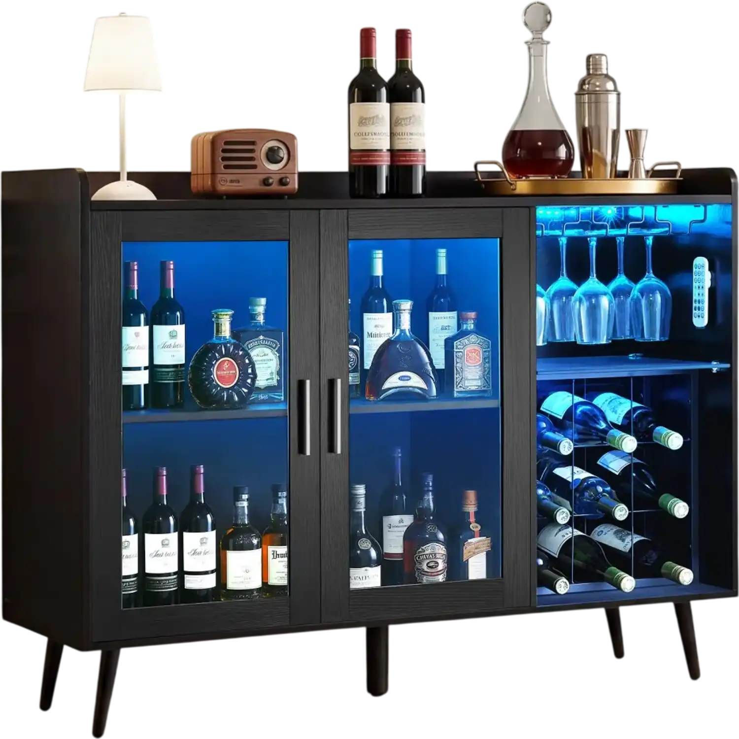 Vevor Wine Cabinet Coffee Bar Cabinet with LED Lighting Black Wood Grain New
