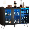 VEVOR Wine Cabinet, Coffee Bar Cabinet with 9 Wine Bottle Racks, Modern Buffet Sideboard with Glass Holder, Adjustable LED Brightness, for Home Kitchen, Living Room, Dining Room, Black Wood Grain
