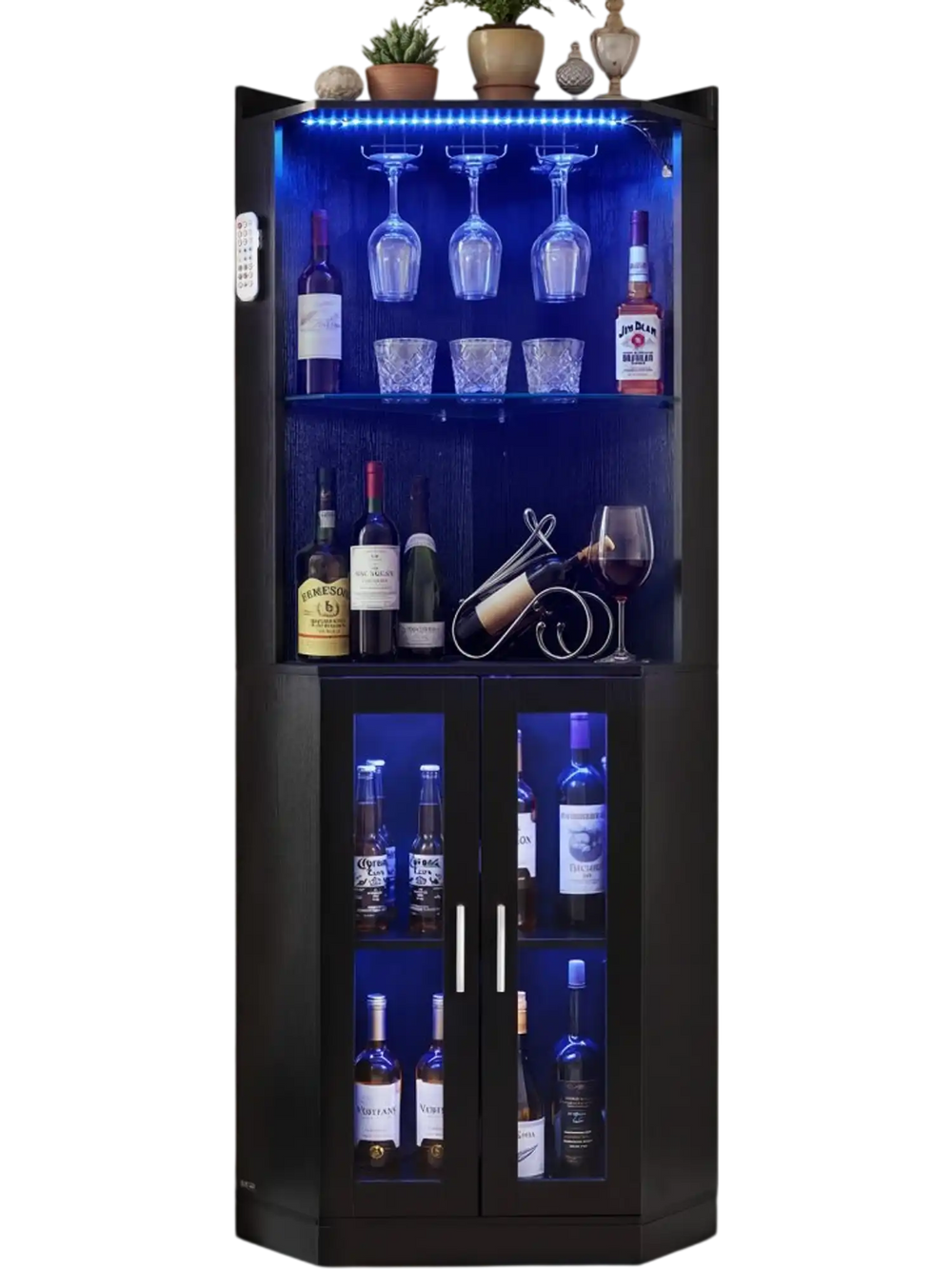VEVOR Corner Wine Cabinet, Bar Cabinet with Ample Storage, Modern Buffet Sideboard with Glass Holder, Adjustable LED Brightness, Anti-Tip Strap, for Home Kitchen, Living Room, Dining Room, Black Wood