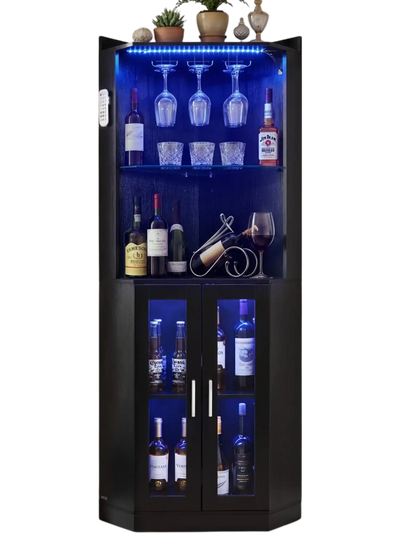 VEVOR Corner Wine Cabinet, Bar Cabinet with Ample Storage, Modern Buffet Sideboard with Glass Holder, Adjustable LED Brightness, Anti-Tip Strap, for Home Kitchen, Living Room, Dining Room, Black Wood