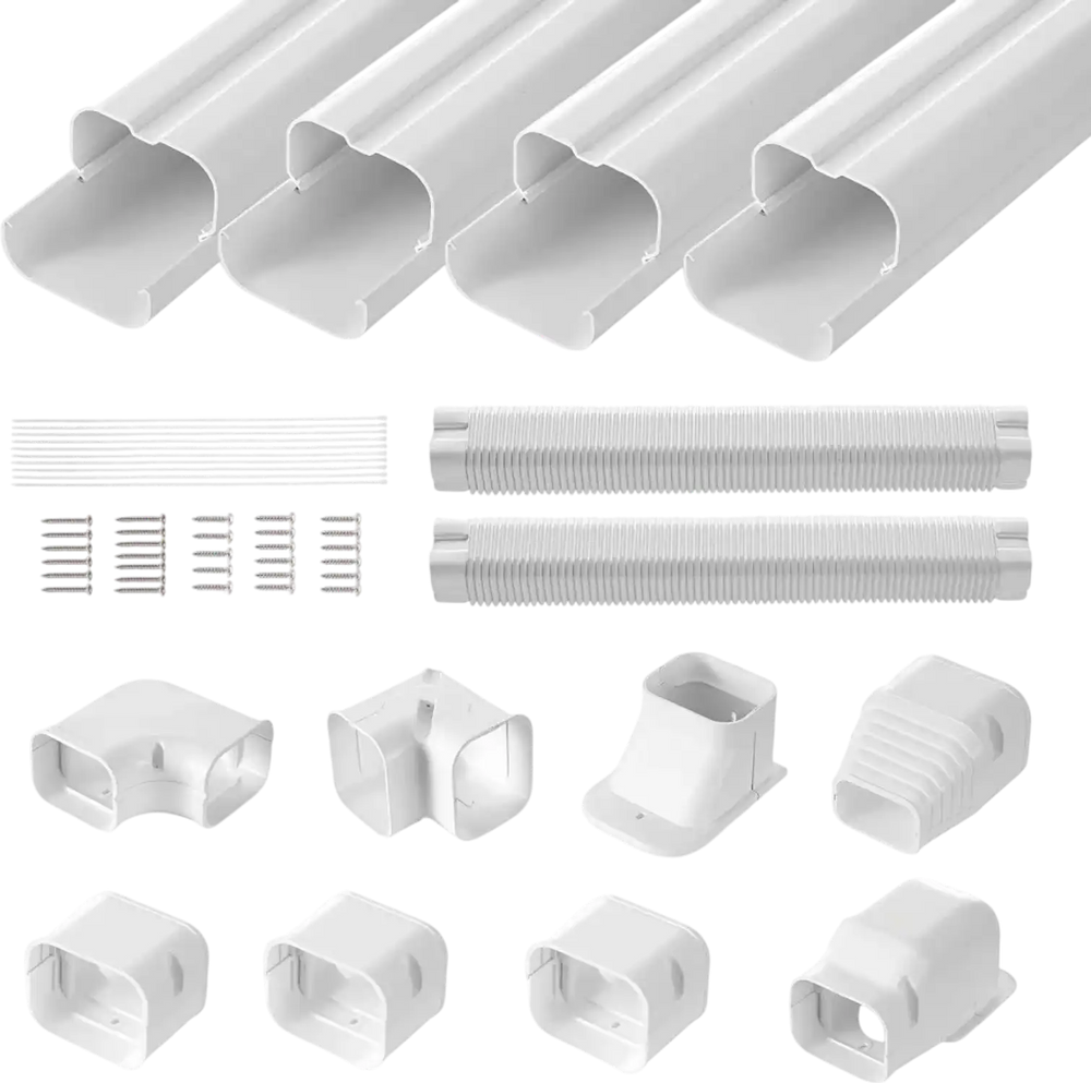 VEVOR Mini Split Line Set Cover 3-inch W 17.6Ft L, PVC Decorative Pipe Line Cover For Air Conditioner with 4 Straight Ducts & Full Components Easy to Install, Paintable for Heat Pumps, White