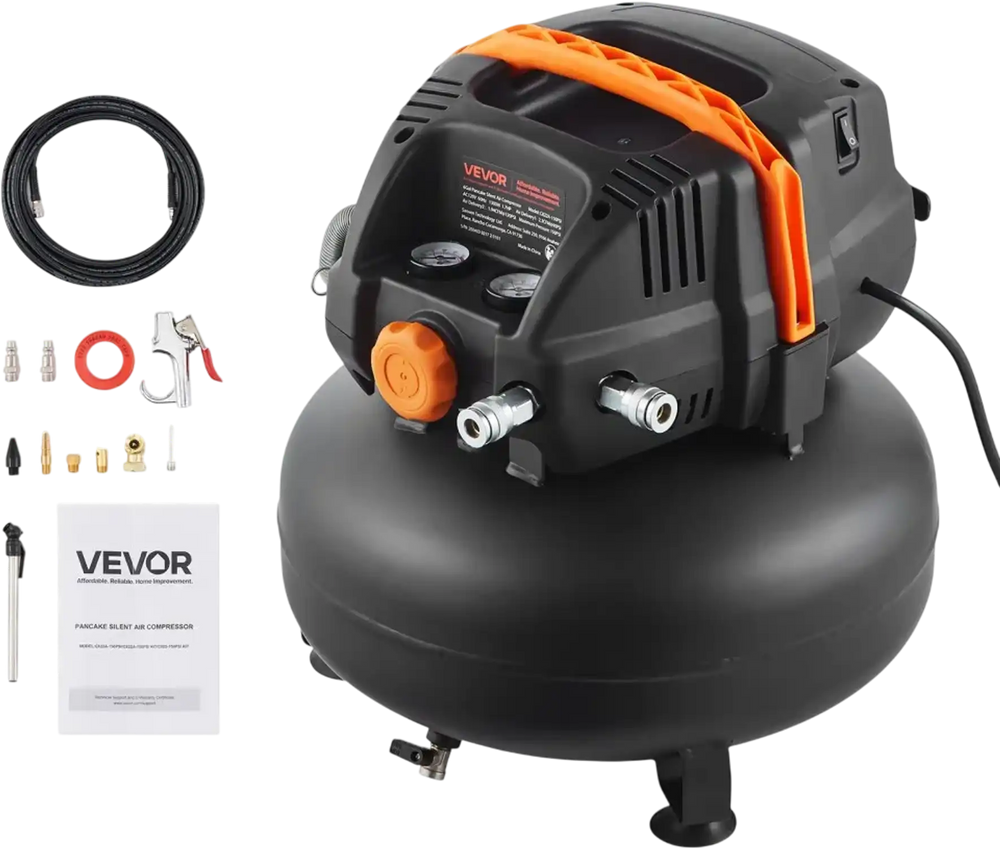 VEVOR 6 Gallon Air Compressor, 1.7HP 2.3CFM@90PSI Portable Pancake Air Compressor & 150PSI Max Pressure, 12-Piece Accessory Kit with 50FT Air Hose for Tire Inflation, Spray Painting, Woodwork Nailing