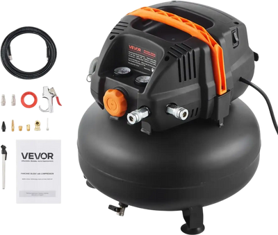 VEVOR 6 Gallon Air Compressor, 1.7HP 2.3CFM@90PSI Portable Pancake Air Compressor & 150PSI Max Pressure, 12-Piece Accessory Kit with 50FT Air Hose for Tire Inflation, Spray Painting, Woodwork Nailing