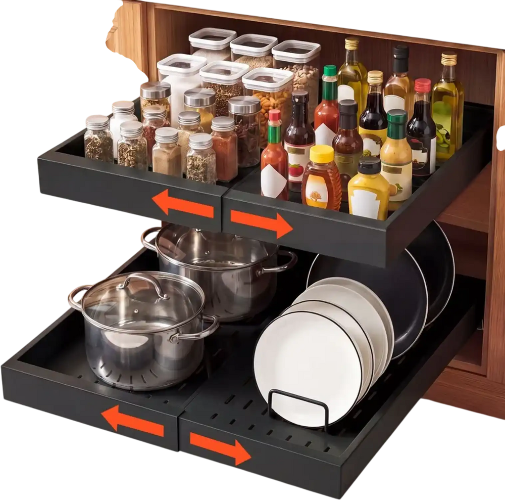 VEVOR Pull Out Cabinet Organizer, 2 Pack Expandable Width (12.2"-18.9"), 20.47" Deep Pull Out Drawers for Cabinets, Sliding Drawer for Kitchen Pantry Cabinet Organizer with Nano Adhesive Strips, Black