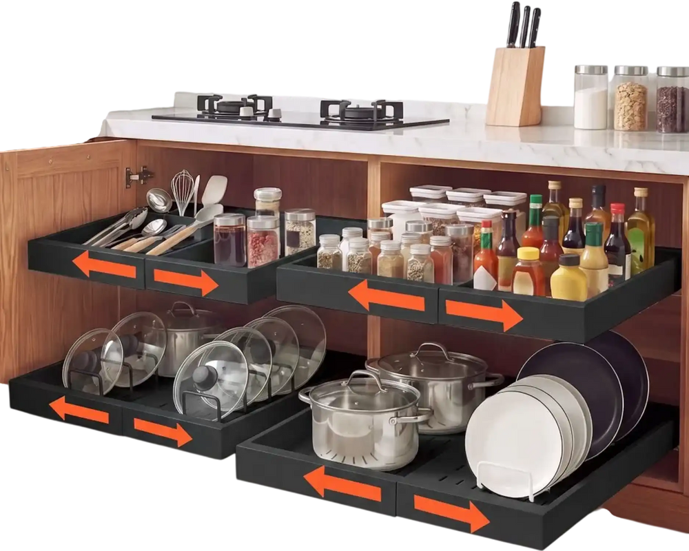 VEVOR Pull Out Cabinet Organizer, 4 Pack Expandable Width (12.2"-18.9"), 20.47" Deep Pull Out Drawers for Cabinets, Sliding Drawer for Kitchen Pantry Cabinet Organizer with Nano Adhesive Strips, Black