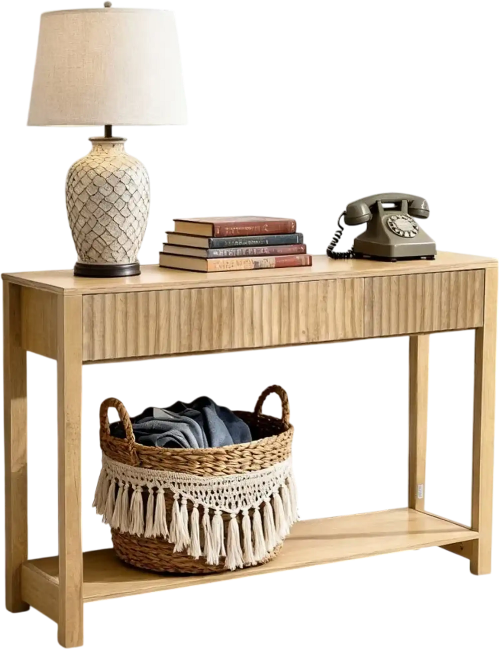 VEVOR 47 in Console Table, Farmhouse Desk Behind the Couch with Drawers and Bottom Storage Shelf, Wooden Rectangle Entrance Narrow Sofa Table for Hallway, Bedroom, Living Room, Foyer, Burlywood