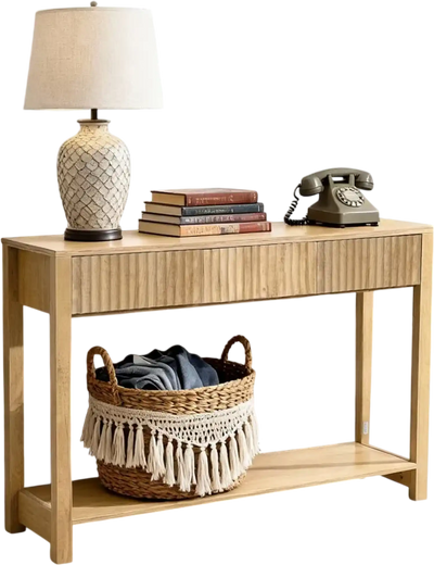 VEVOR 47 in Console Table, Farmhouse Desk Behind the Couch with Drawers and Bottom Storage Shelf, Wooden Rectangle Entrance Narrow Sofa Table for Hallway, Bedroom, Living Room, Foyer, Burlywood