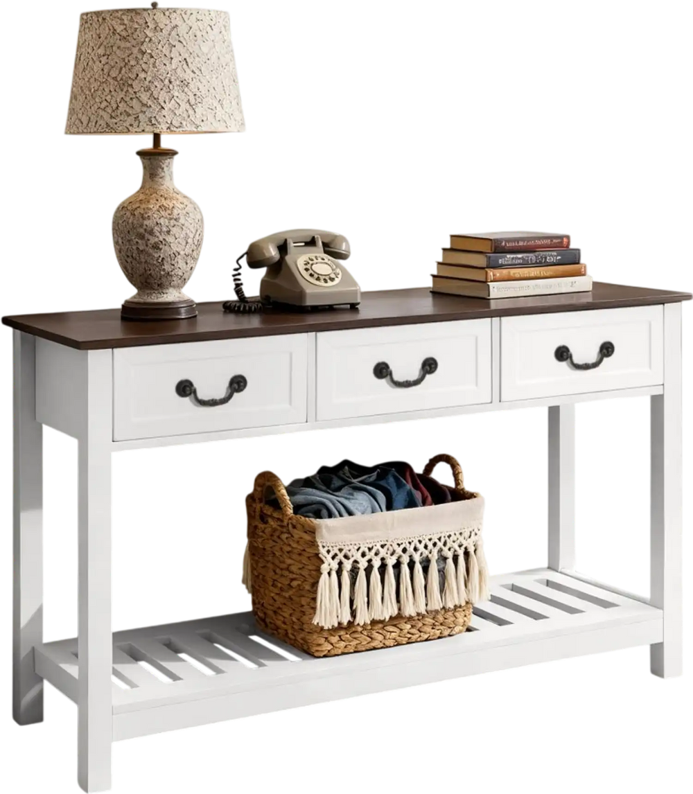 VEVOR 47 in Console Table, Farmhouse Desk Behind the Couch with Drawers and Bottom Storage Shelf, Wooden Rectangle Entrance Narrow Sofa Table for Hallway, Bedroom, Living Room, Foyer, Brown + White