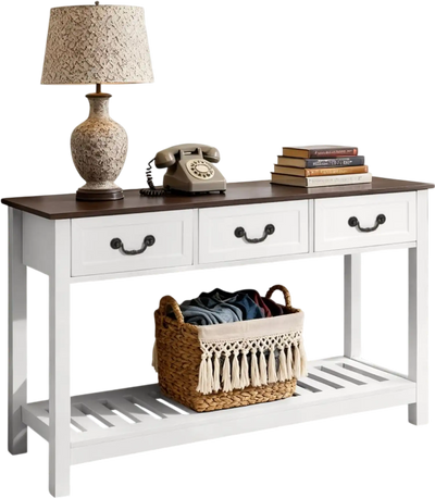 VEVOR 47 in Console Table, Farmhouse Desk Behind the Couch with Drawers and Bottom Storage Shelf, Wooden Rectangle Entrance Narrow Sofa Table for Hallway, Bedroom, Living Room, Foyer, Brown + White