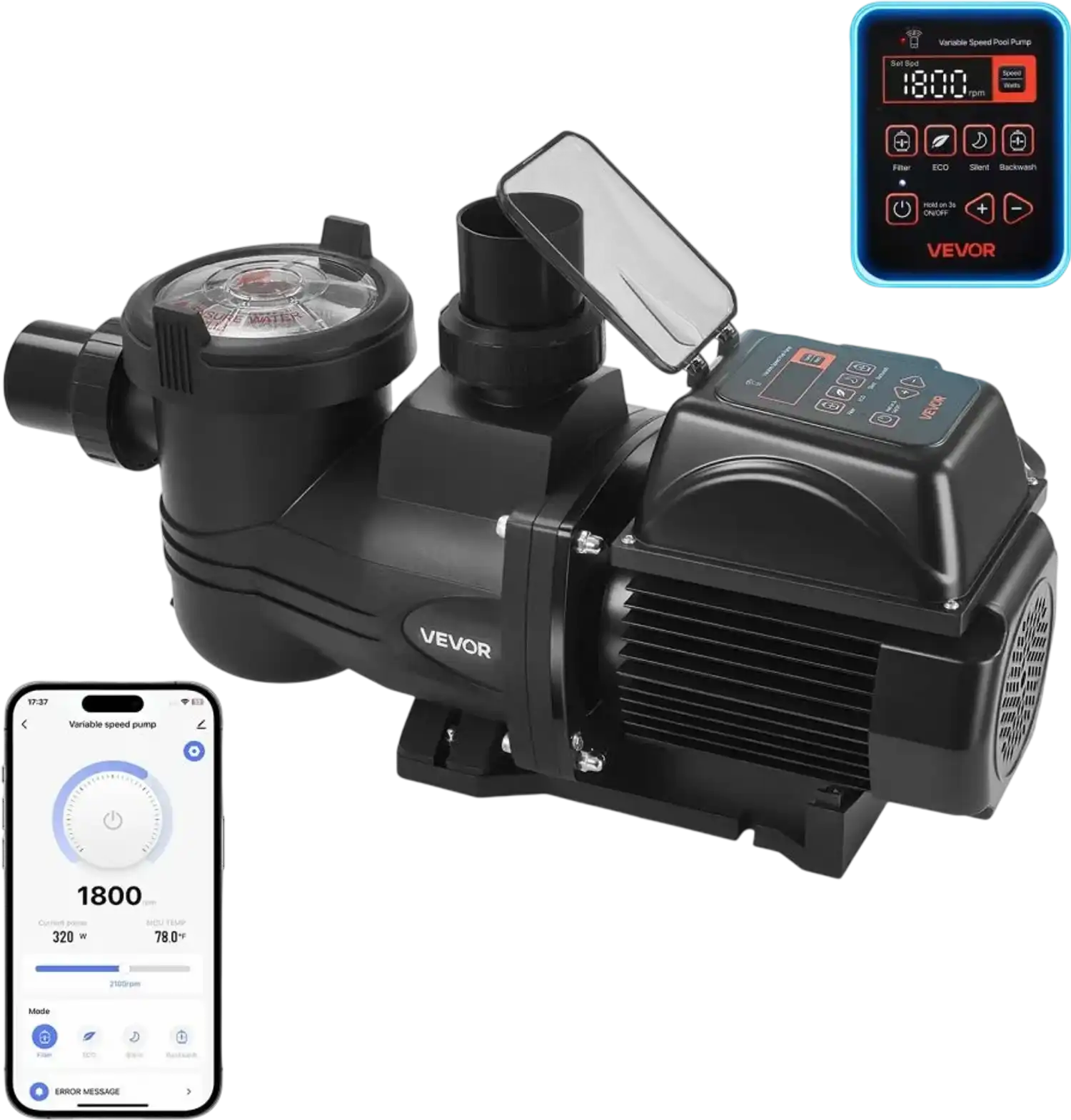Vevor Variable Speed Pool Pump 2 HP 145 GPM In/Above Ground with Filter Basket New