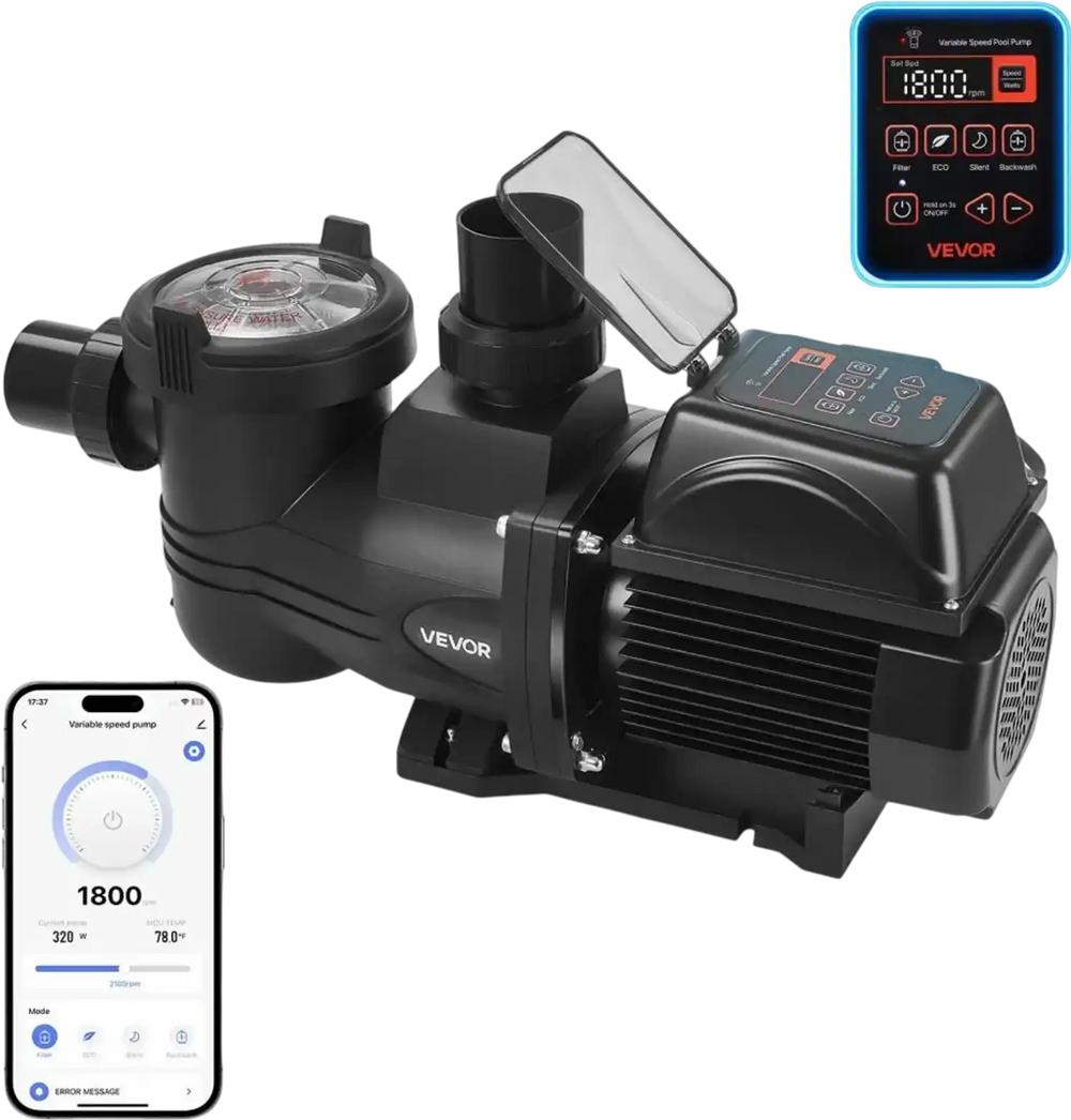 VEVOR Variable Speed Pool Pump, 2 HP, AC 220-240V, 145 GPM, In/Above Swimming Pool Pump with Filter Basket, Powerful Self Priming, Programmable Timer, for Inground and Above Ground Swimming Pool