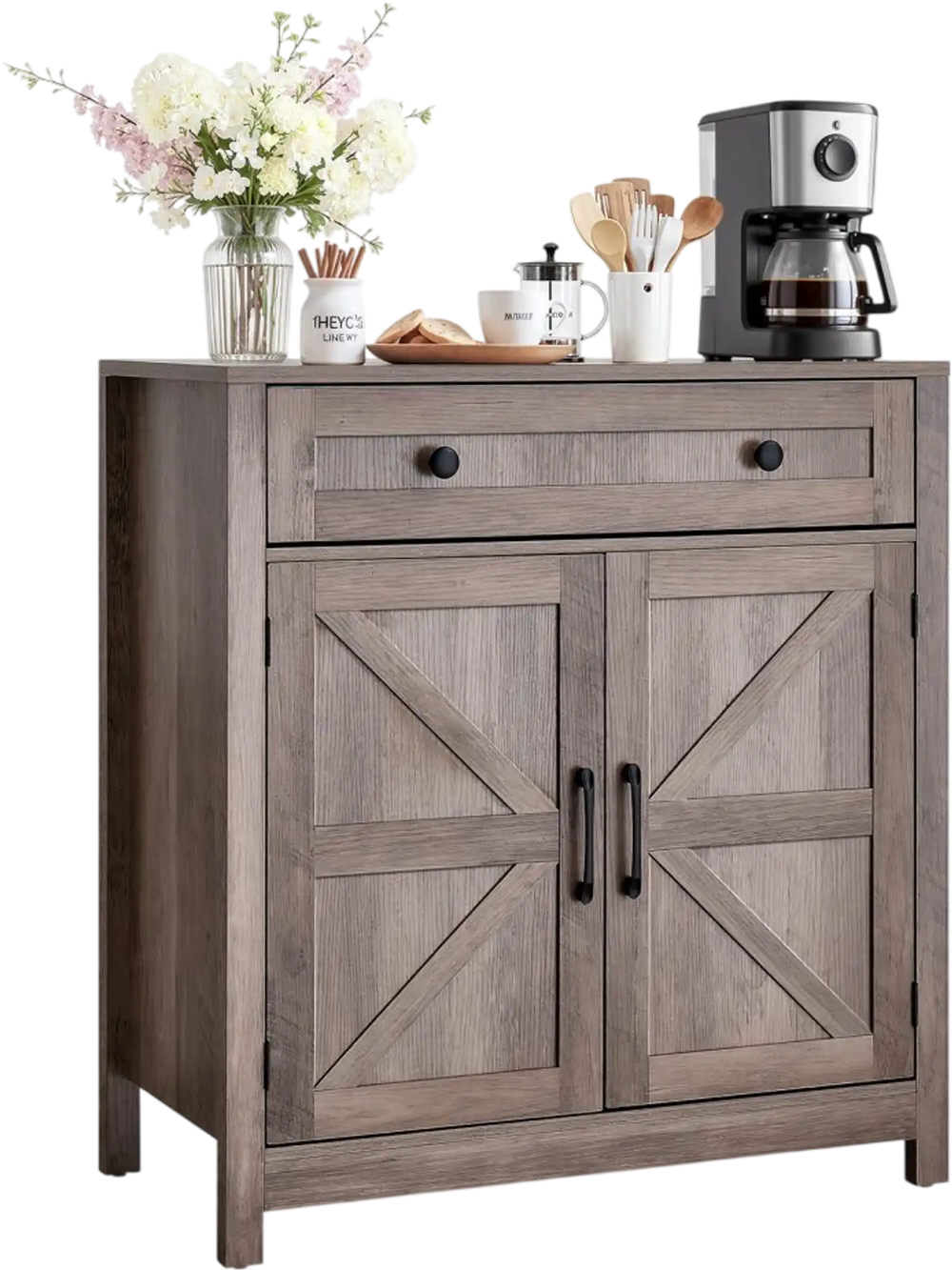 VEVOR Coffee Bar Cabinet, Farmhouse Coffee Bar Table with Drawer, Buffet Stand Cabinet with 2 Barn Doors, Sideboard Buffet Station for Living Room, Entryway, Kitchen, 29.5 x 14.7 x 31.5 in, Grey