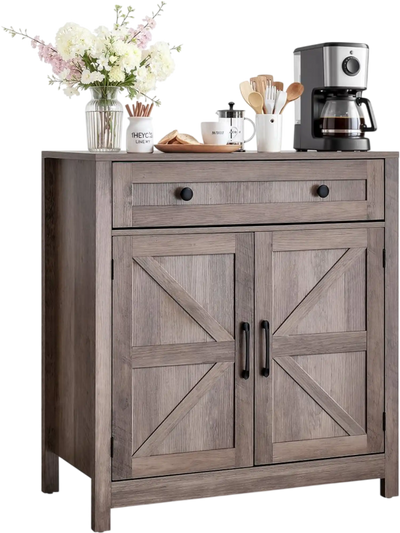 VEVOR Coffee Bar Cabinet, Farmhouse Coffee Bar Table with Drawer, Buffet Stand Cabinet with 2 Barn Doors, Sideboard Buffet Station for Living Room, Entryway, Kitchen, 29.5 x 14.7 x 31.5 in, Grey