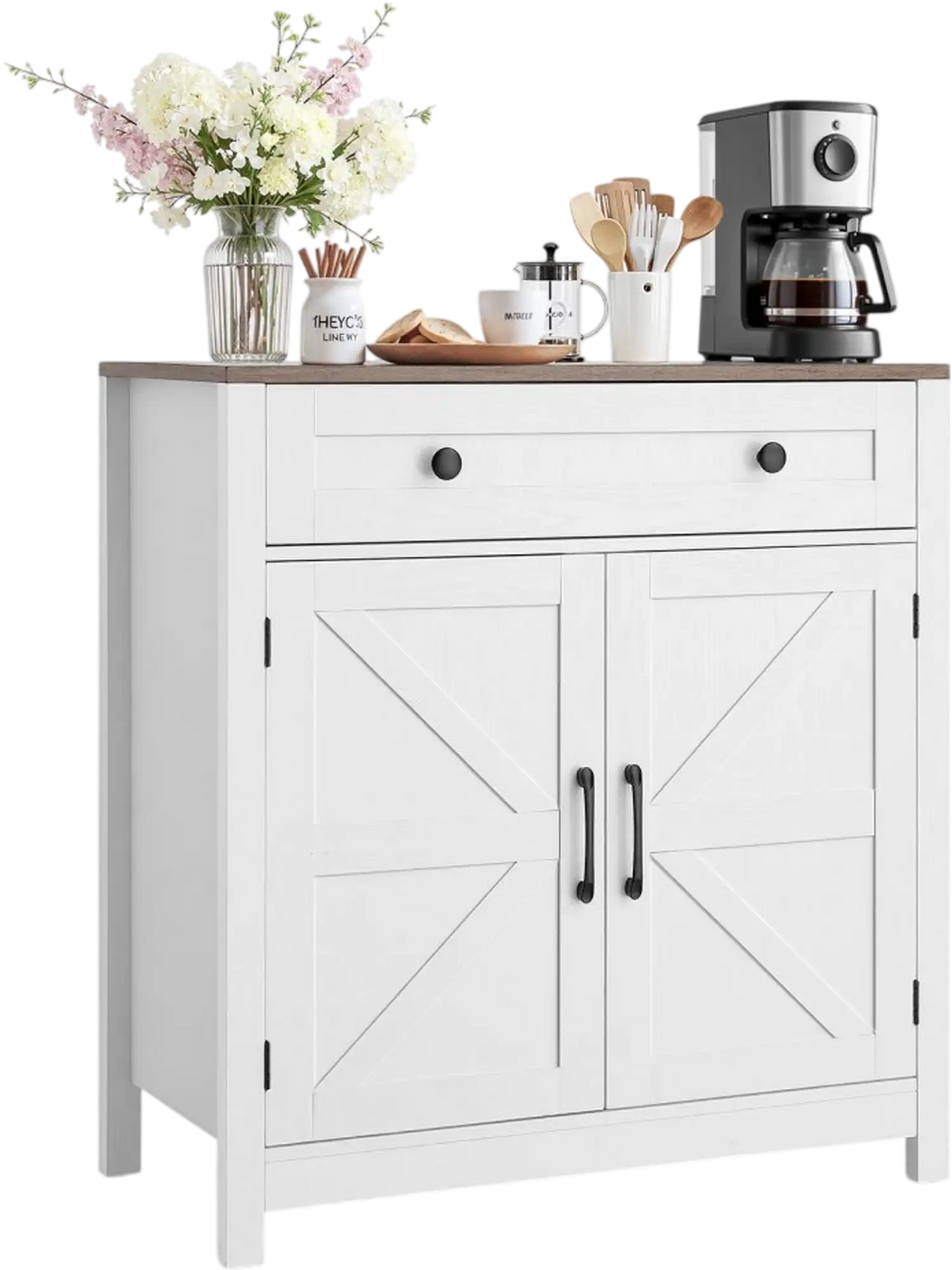 VEVOR Coffee Bar Cabinet, Farmhouse Coffee Bar Table with Drawer, Buffet Stand Cabinet with 2 Barn Door, Sideboard Buffet Station for Living Room, Entryway, Kitchen, 29.5 x 14.7 x 31.5 in, White