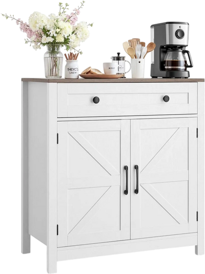 VEVOR Coffee Bar Cabinet, Farmhouse Coffee Bar Table with Drawer, Buffet Stand Cabinet with 2 Barn Door, Sideboard Buffet Station for Living Room, Entryway, Kitchen, 29.5 x 14.7 x 31.5 in, White