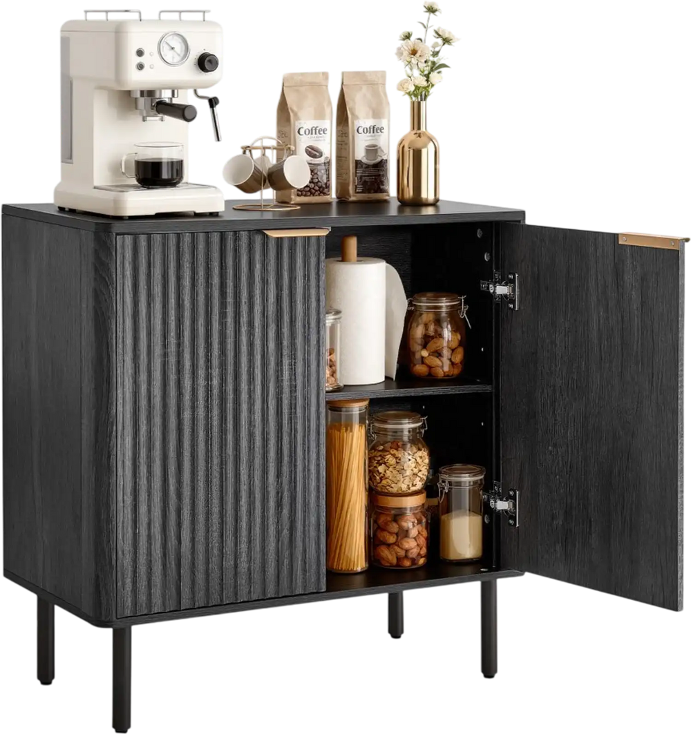VEVOR Coffee Bar Cabinet, Mid Century Fluted Coffee Bar Table with 2-Tier Storage, Buffet Stand Cabinet with Barn Door, Sideboard Buffet Station for Living Room, Entryway, 31.5 x 14.7 x 31.5 in, Black
