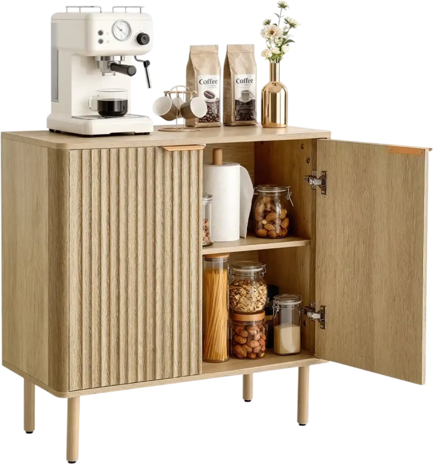 Vevor Coffee Bar Cabinet Mid-Century Fluted Storage Buffet Stand Oak New