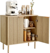 VEVOR Coffee Bar Cabinet, Mid Century Fluted Coffee Bar Table with 2-Tier Storage, Buffet Stand Cabinet with 2 Barn Door, Sideboard Buffet Station for Living Room, Entryway, 31.5 x 14.7 x 31.5 in, Oak