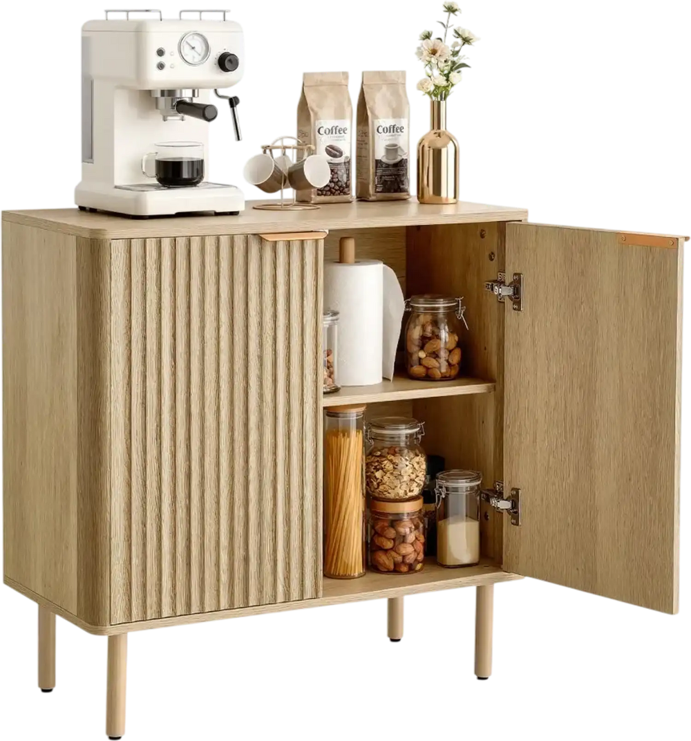 VEVOR Coffee Bar Cabinet, Mid Century Fluted Coffee Bar Table with 2-Tier Storage, Buffet Stand Cabinet with 2 Barn Door, Sideboard Buffet Station for Living Room, Entryway, 31.5 x 14.7 x 31.5 in, Oak