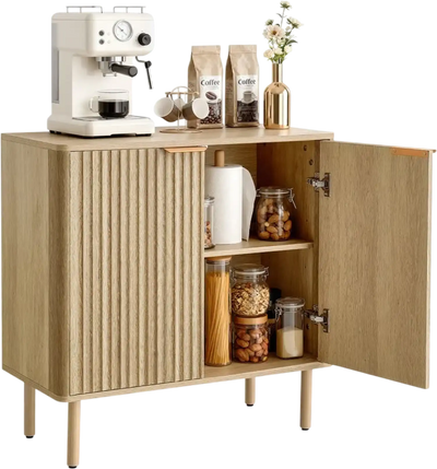 Vevor Coffee Bar Cabinet Mid-Century Fluted Storage Buffet Stand Oak New
