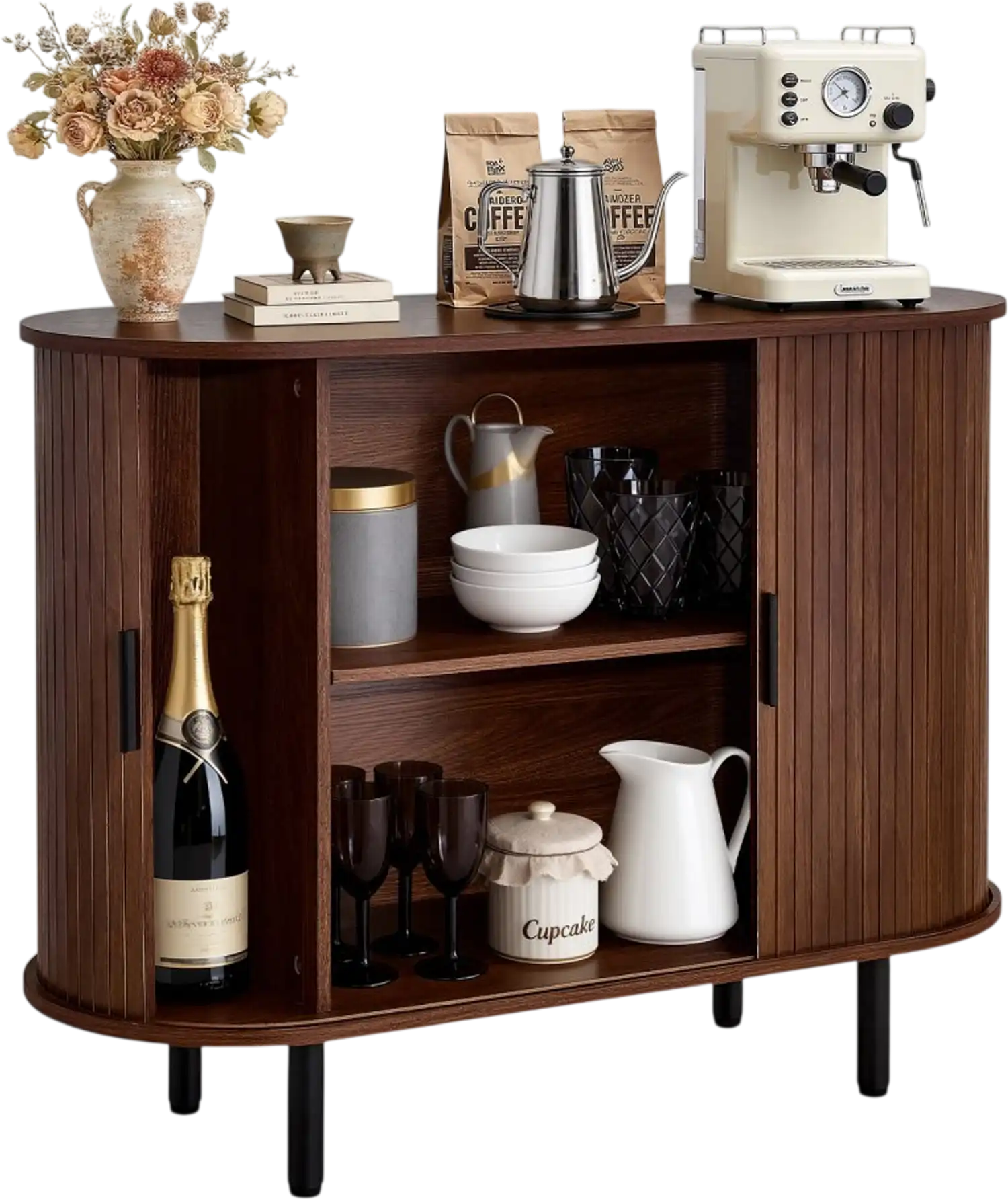 Vevor Coffee Bar Cabinet Mid-Century Fluted Buffet Stand with 2 Sliding Doors Walnut New