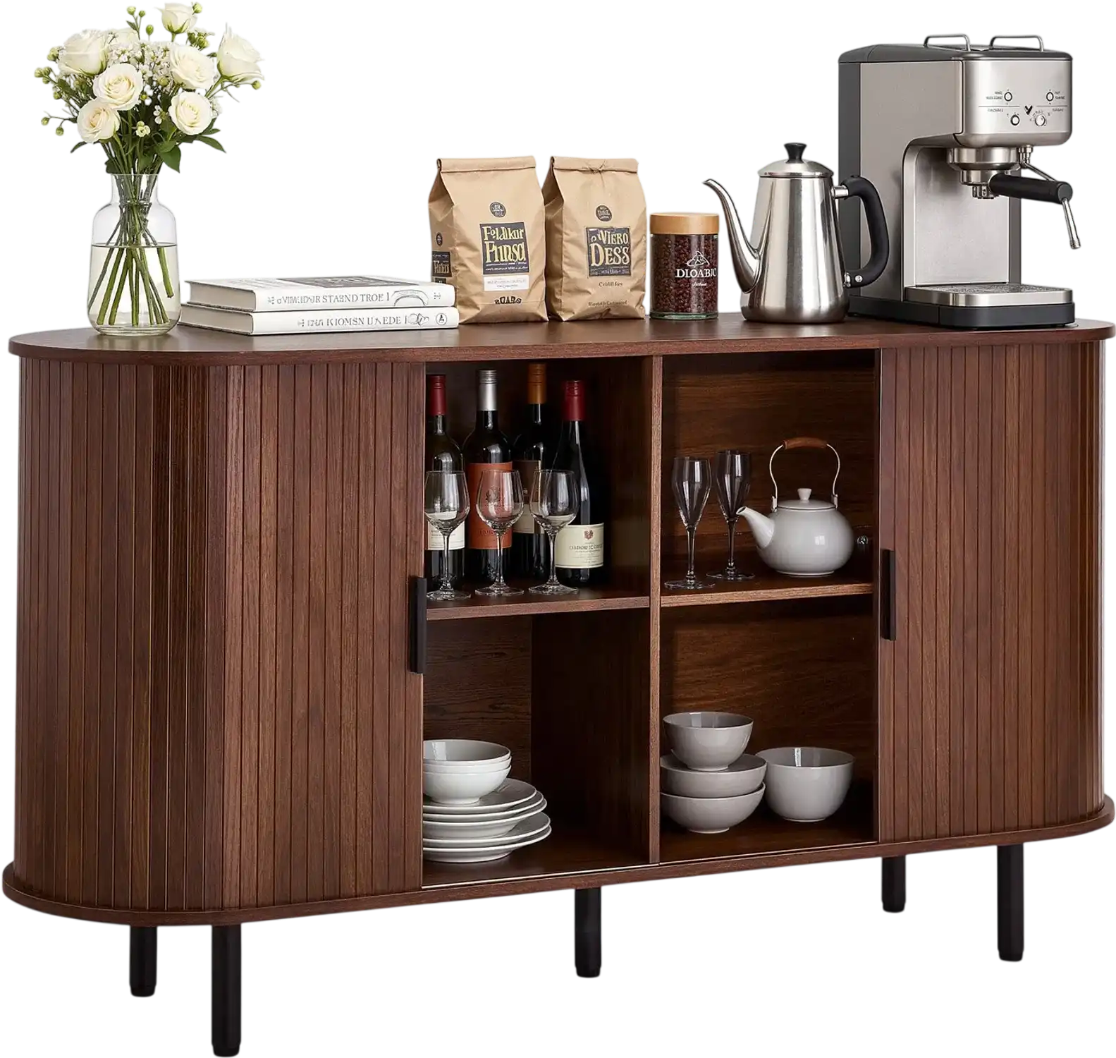 Vevor Coffee Bar Cabinet 55 in. Mid Century Fluted Table with 2 Sliding Doors Walnut New