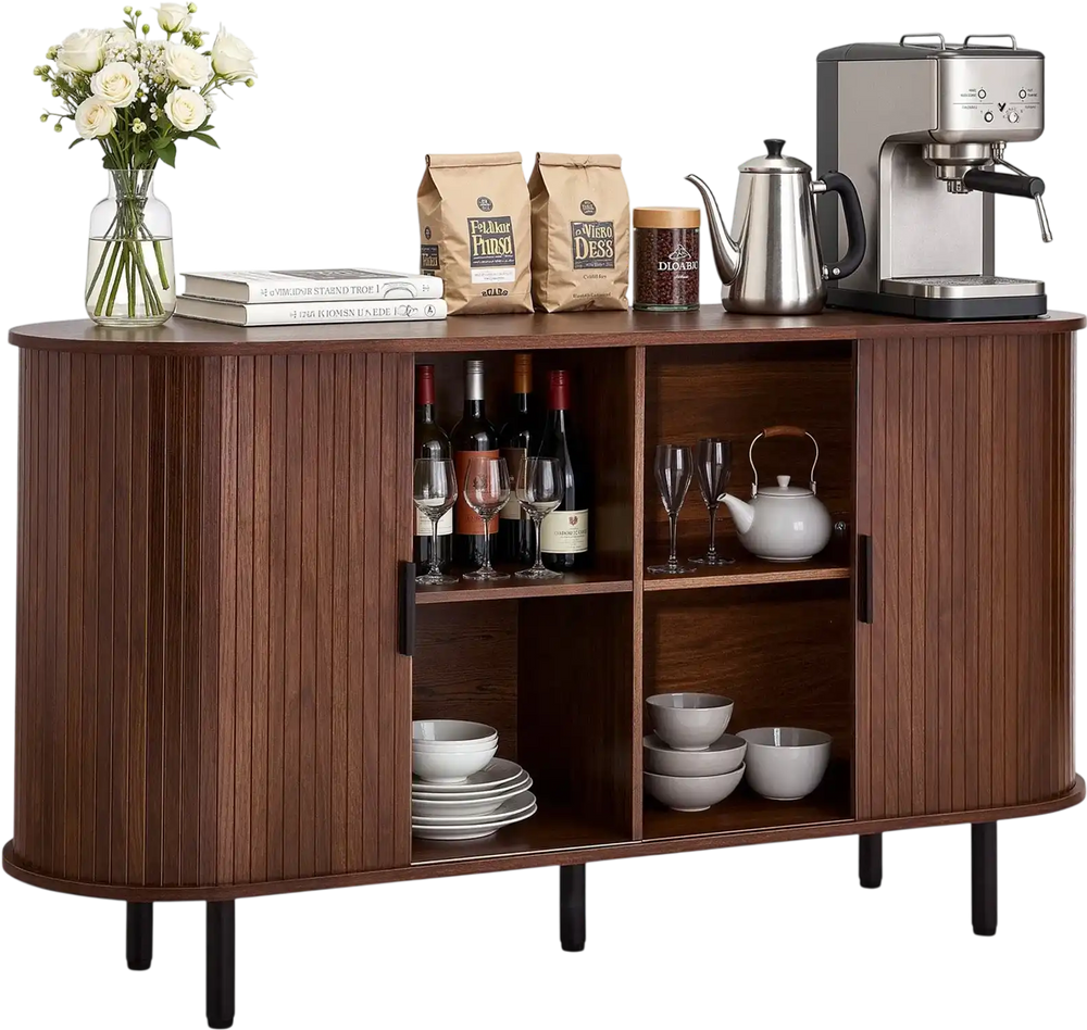VEVOR Coffee Bar Cabinet, Mid Century Fluted Coffee Bar Table, Buffet Stand Cabinet with 2 Sliding Doors, Sideboard Buffet Station for Living Room, Entryway, Kitchen, 55.1 x 15.7 x 29.5 in, Walnut