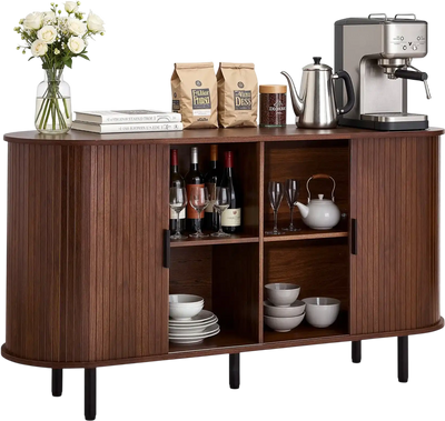 Vevor Coffee Bar Cabinet 55 in. Mid Century Fluted Table with 2 Sliding Doors Walnut New